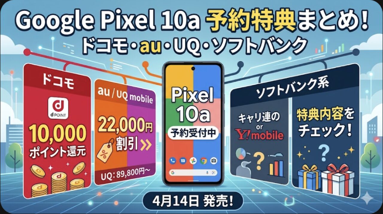 Google Pixel 10aは4月14日発売 ドコモ・au・UQ・ソフトバンク系の予約開始日と特典を整理【2026年4月】