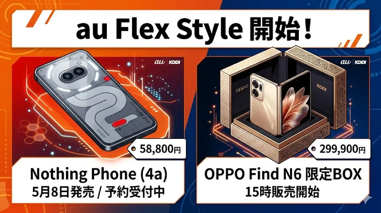 au Flex Style開始 Nothing Phone (4a)は5月8日発売、OPPO Find N6限定BOXは15時販売開始【2026年4月】