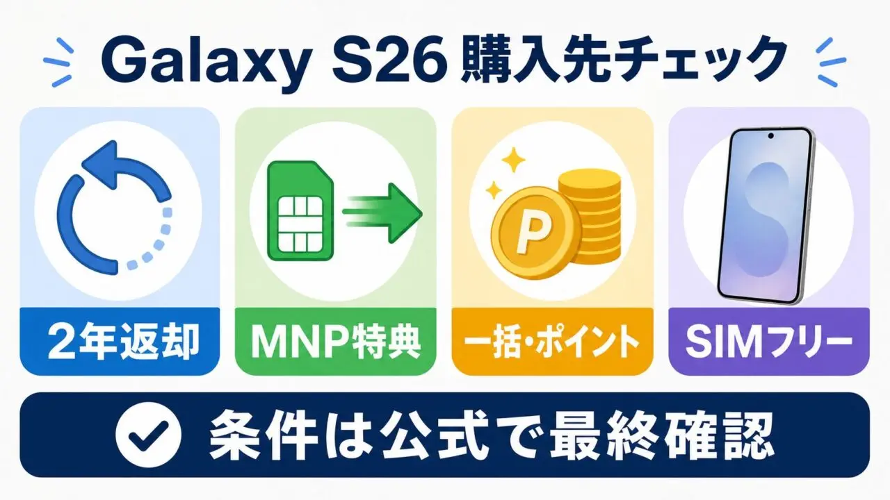 Galaxy S26の購入先を2年返却、MNP特典、一括・ポイント、SIMフリーで確認する判断ガイド