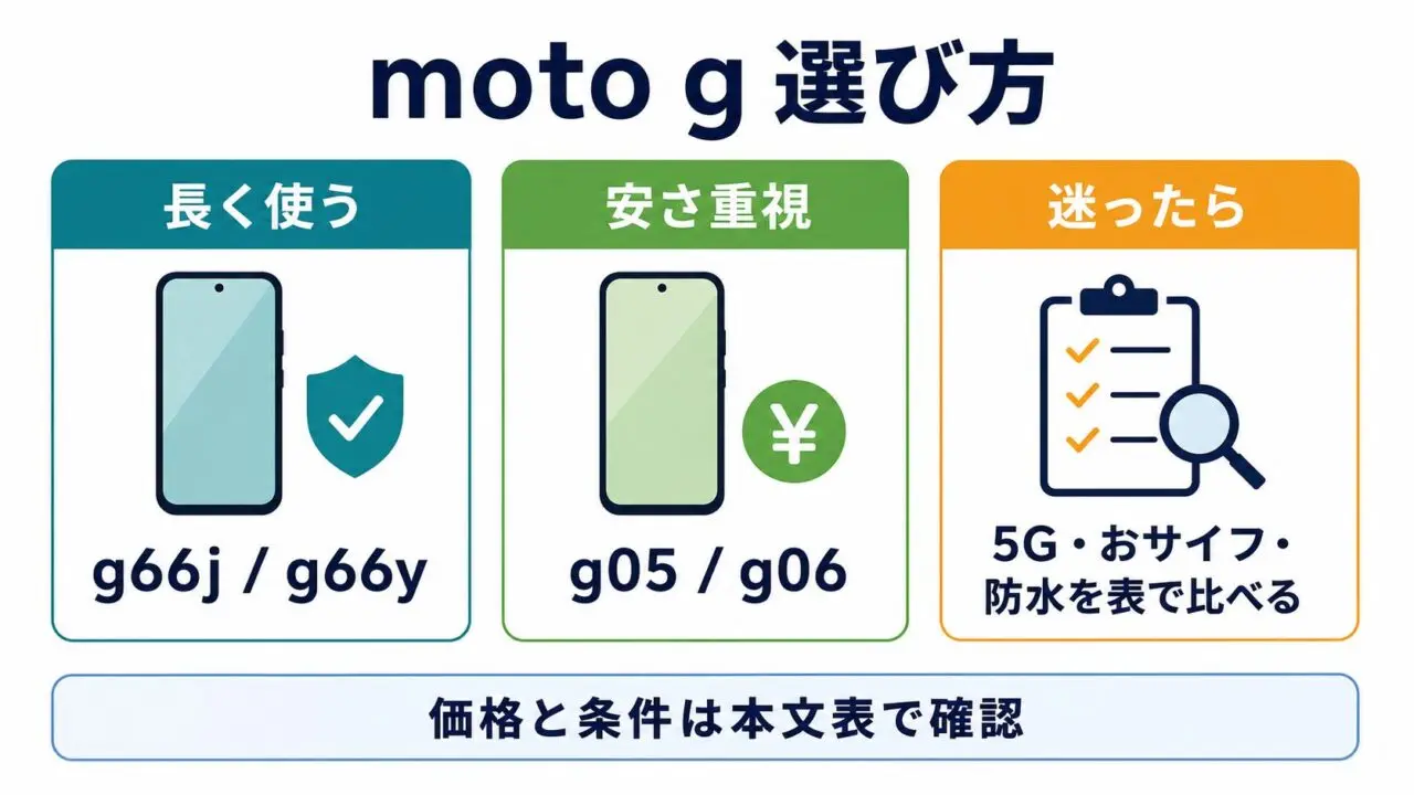 moto g66j、g66y、g05、g06を長く使う人と安さ重視で選び分ける図解