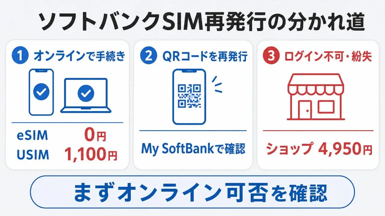 ソフトバンクSIM再発行のオンライン手続きと店頭費用の分岐