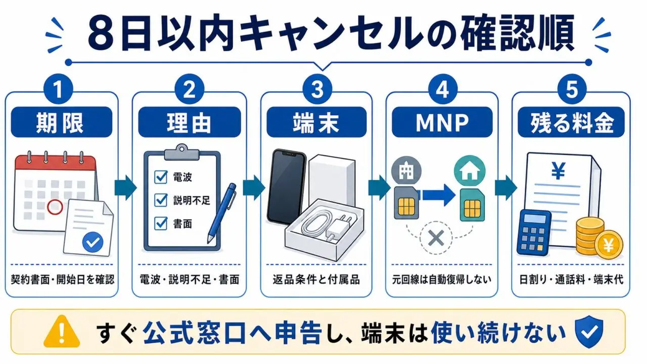 スマホ契約の8日以内キャンセルで期限や端末返却を確認する図解