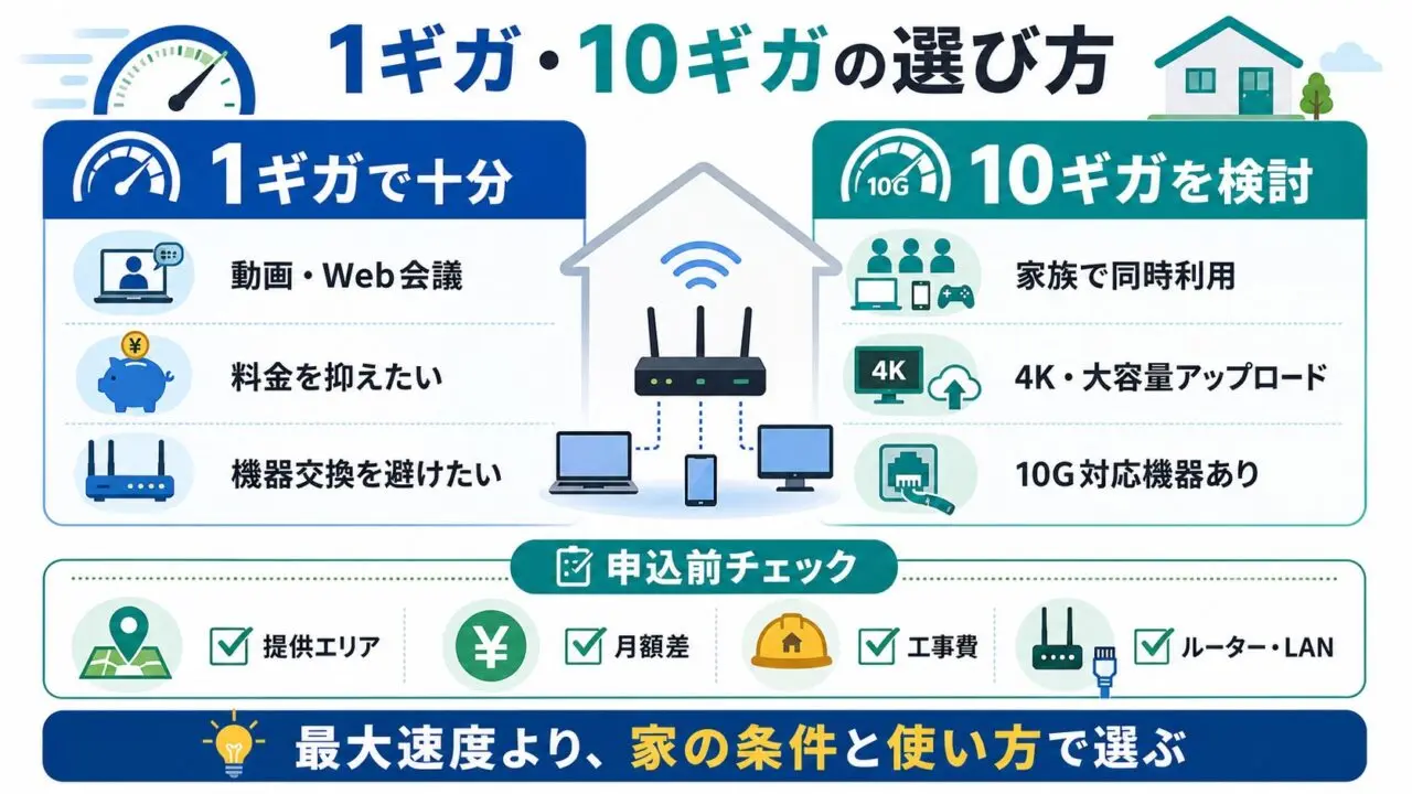 光回線の1ギガと10ギガを選ぶための申込前チェック図解