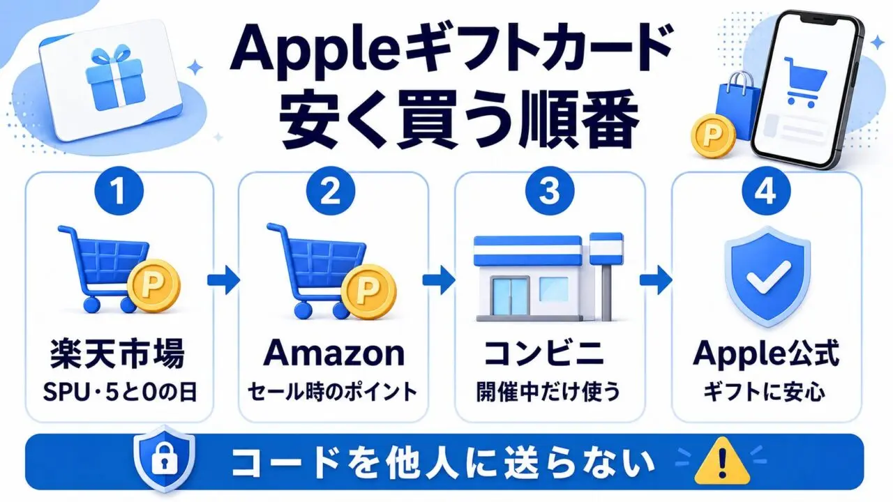 Appleギフトカードを楽天市場、Amazon、コンビニ、Apple公式の順に比べる図解
