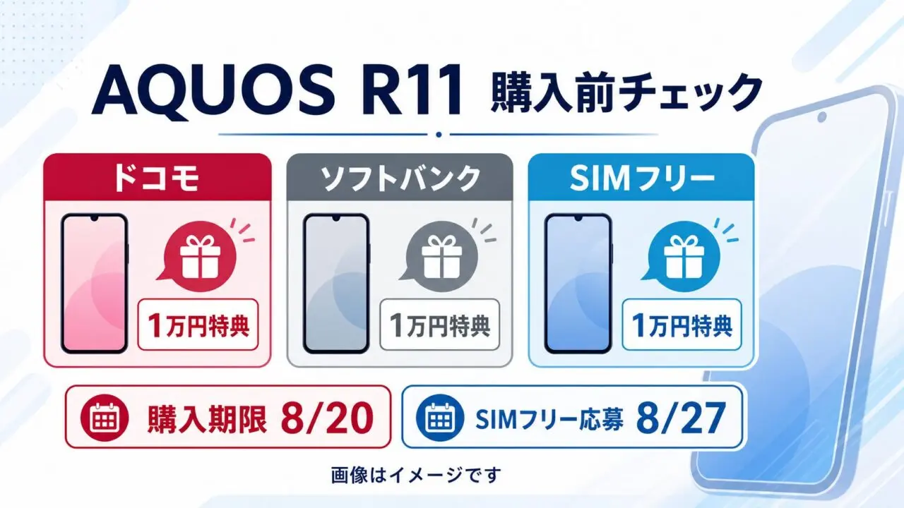 AQUOS R11の購入先と1万円特典、購入期限を確認する本文図解