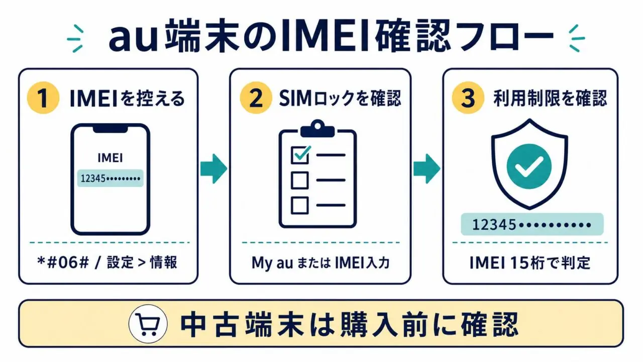 au端末のIMEI確認、SIMロック確認、ネットワーク利用制限確認の流れをまとめたGPT Image 2.0生成図解