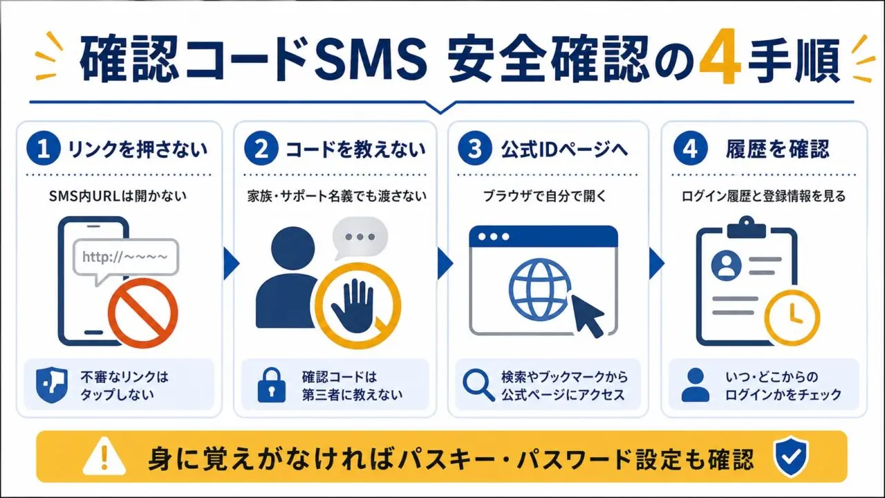 確認コードSMSが届いた時にリンクを押さず、コードを教えず、公式IDページとログイン履歴を見る手順