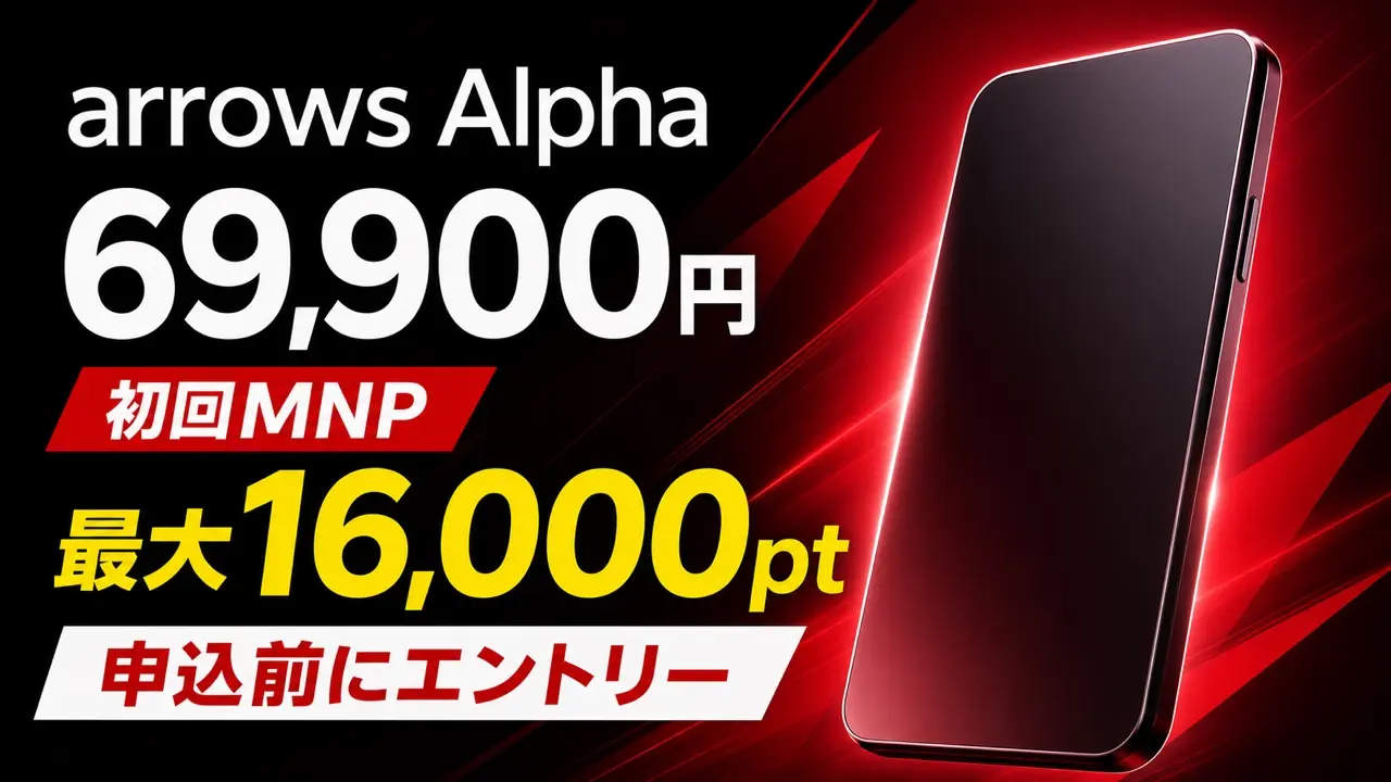楽天モバイルのarrows Alphaは69,900円、初回MNPで最大16,000ポイント、申込前にエントリーが必要と伝える画像