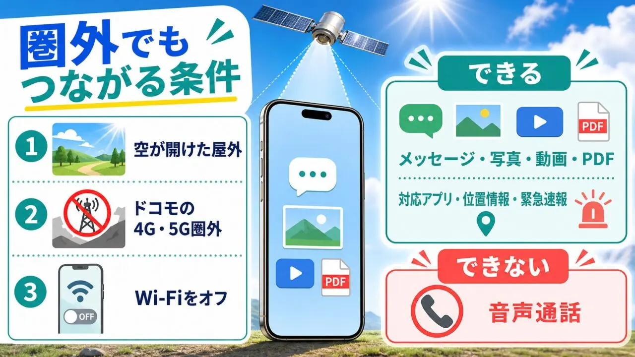 docomo Starlink Directが使える3条件と、使える機能・使えない音声通話を示す図