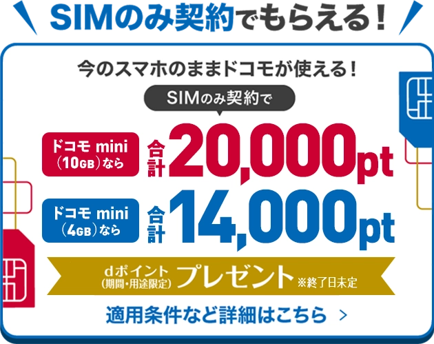 ドコモminiのSIMのみ契約で10GB合計20,000ポイント、4GB合計14,000ポイントのdポイントが案内されている公式画像