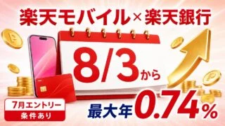 楽天モバイルと楽天銀行の7月エントリー、8月3日から最大年0.74%の案内