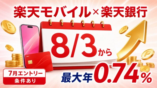 楽天モバイルと楽天銀行の7月エントリー、8月3日から最大年0.74%の案内
