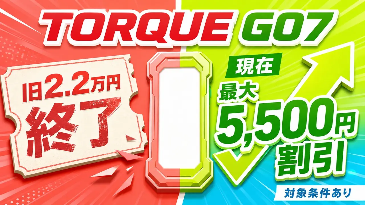 au TORQUE G07の旧最大2.2万円割引終了と現行最大5,500円割引を示す画像