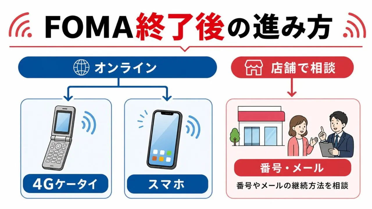 FOMA終了後のオンライン申込と店舗相談の分岐図