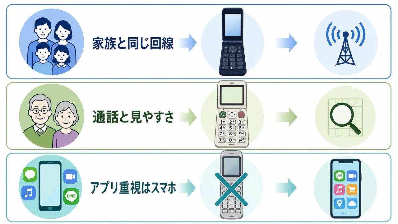 ガラホを家族回線・通話と見やすさ・アプリ重視の3つで選ぶ流れ