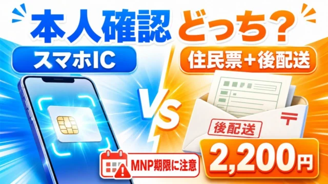 IIJmioの本人確認でスマホIC方式と住民票＋後配送方式、2,200円とMNP期限の注意を比較するアイキャッチ