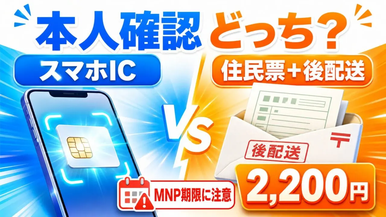 IIJmioの本人確認でスマホIC方式と住民票+後配送方式、2,200円とMNP期限の注意を比較するアイキャッチ