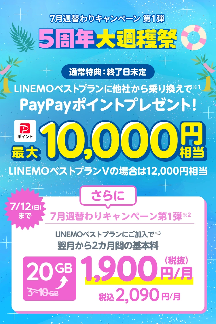 LINEMO5周年大週穫祭 7月第1弾 2カ月間データ10GB増量キャンペーンの公式ビジュアル