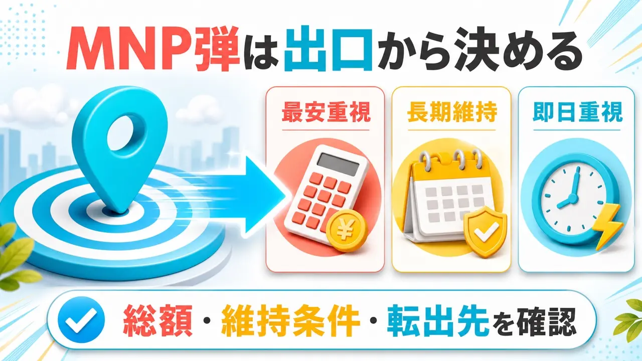 MNP弾を最安・長期維持・即日重視で選び、転出先を先に確認する比較図