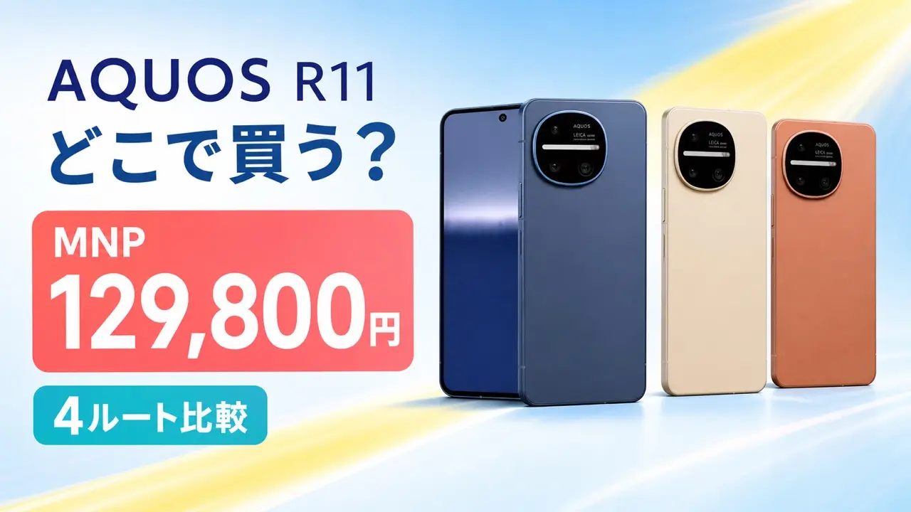 AQUOS R11のMNP価格129,800円と4つの購入ルートを比較する明るいアイキャッチ