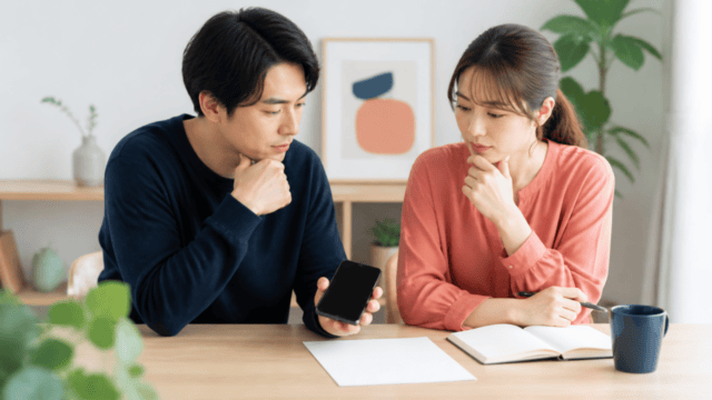 スマートフォンと無地書類で返品条件を確認する相談風景