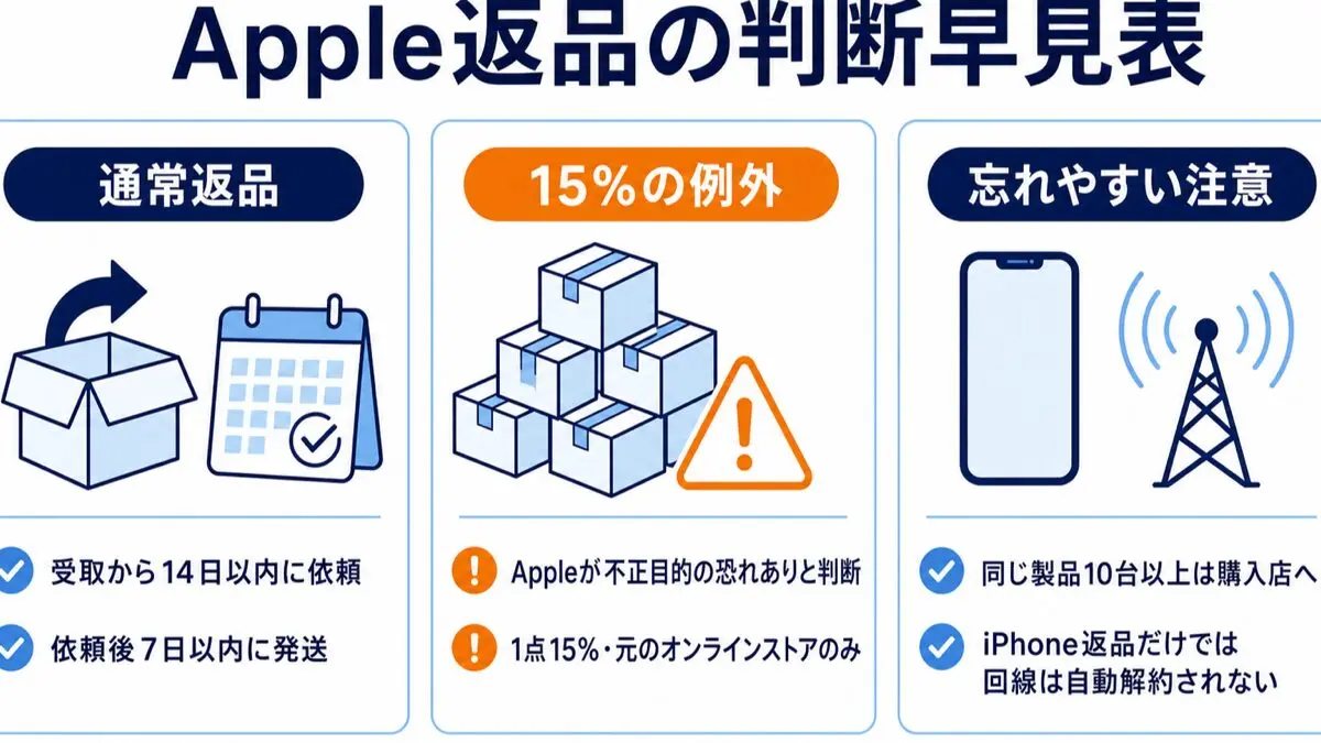 Appleの通常14日返品、15%手数料の限定例外、10台以上と回線解約の注意