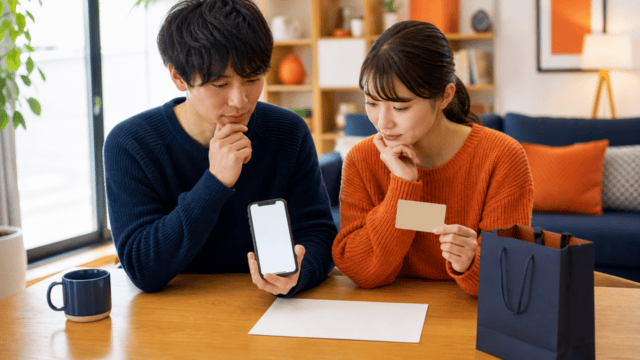 スマートフォンと会員カードで買い物前の条件を確認する相談風景