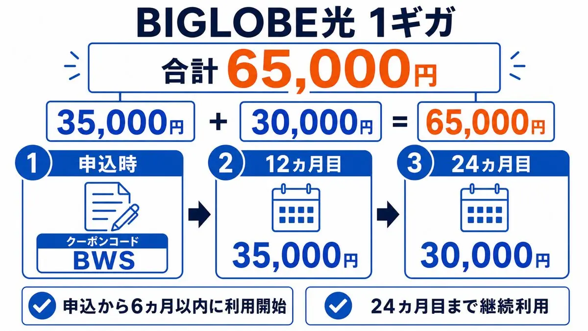 BIGLOBE光1ギガのBWS入力と12カ月目35,000円・24カ月目30,000円の受取時期