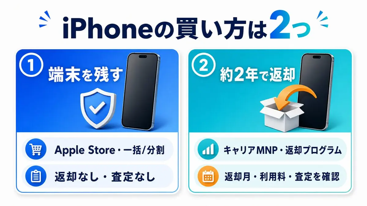 iPhoneを端末のまま残す買い方と約2年で返却する買い方の比較図