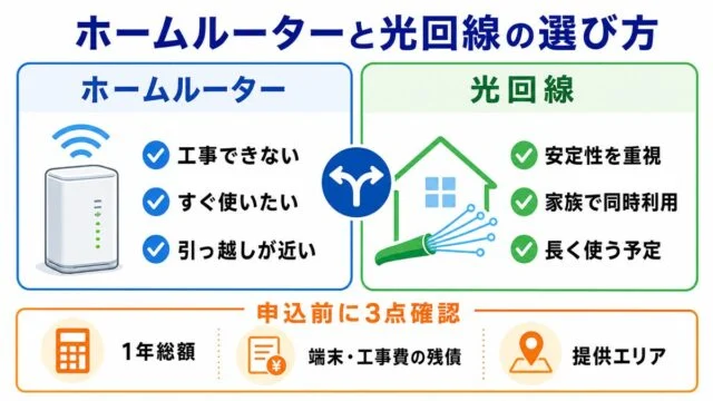 ホームルーターと光回線を工事可否・1年総額・残債・提供エリアで選ぶ判断図