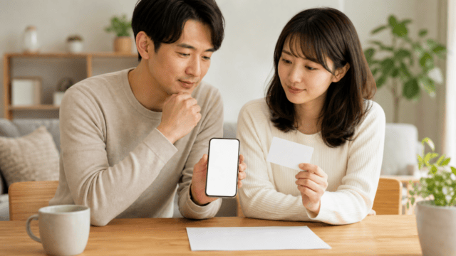スマートフォンと無地カードで応募条件を確認する申込前のイメージ