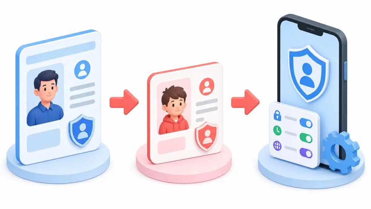 親の本人確認書類と子どもの本人確認書類を確認してスマホの利用者登録と安全設定へ進むイメージ