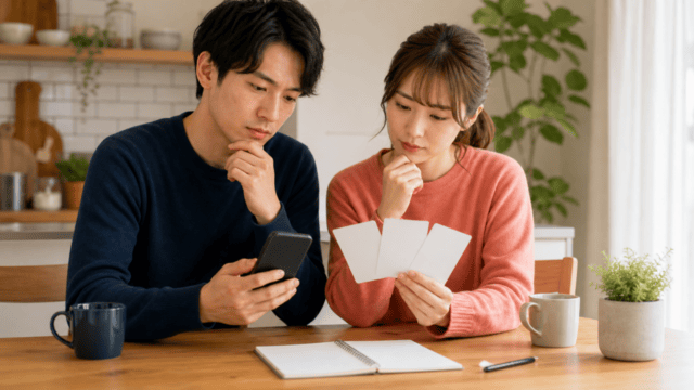 スマートフォンと無地カードで料金プランを比較する相談風景