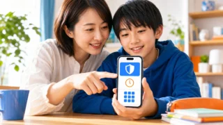 親子で子ども用スマホのフィルタリングを設定するイメージ