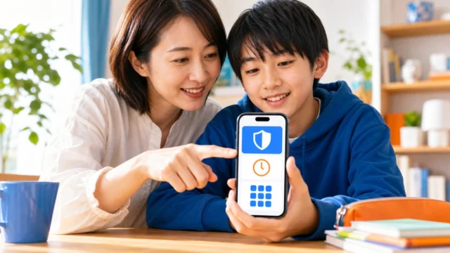 親子で子ども用スマホのフィルタリングを設定するイメージ