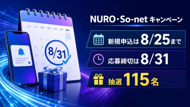 NURO・So-netキャンペーンの新規申込8月25日、応募8月31日、抽選115名を示す文字入りアイキャッチ
