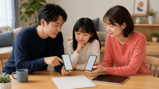 家族でスマートフォンの料金プランを比較する相談風景