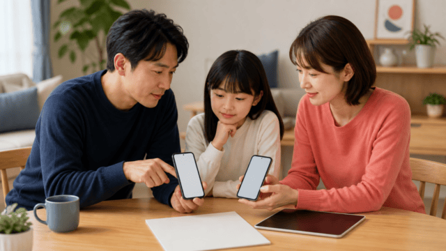家族でスマートフォンの料金プランを比較する相談風景