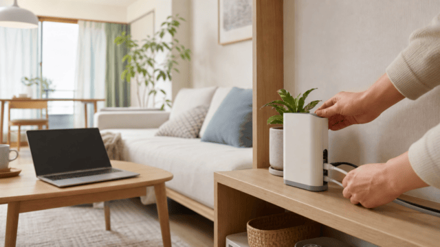 無地のルーターとノートPCを自宅で接続・確認する光回線の利用イメージ