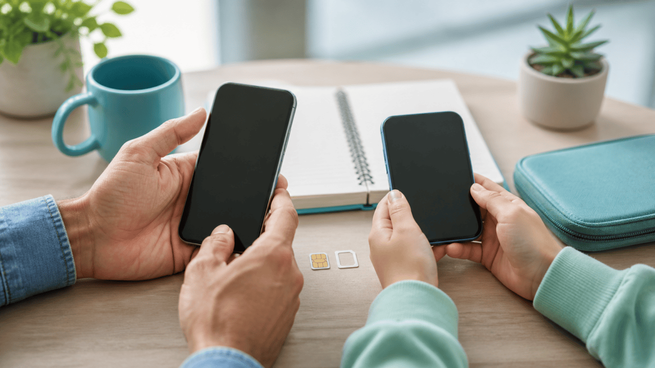 親子でスマートフォンとSIMカードを確認する申込準備のイメージ