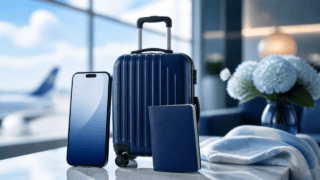 旅行用のスマートフォンとキャリーケースを並べた移動中の利用イメージ