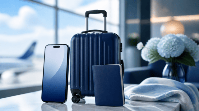 旅行用のスマートフォンとキャリーケースを並べた移動中の利用イメージ