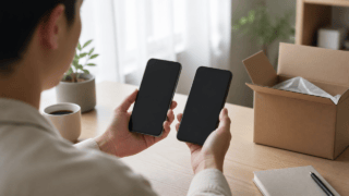 2台のスマートフォンと返却箱を見比べる利用者