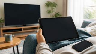 自宅のソファでタブレットを持ち動画を楽しむ利用イメージ