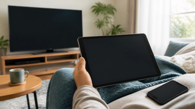 自宅のソファでタブレットを持ち動画を楽しむ利用イメージ