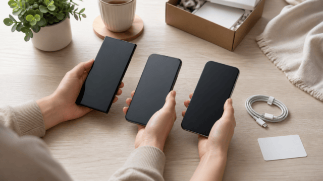 3台のスマートフォンを手に取って比較する選び方のイメージ