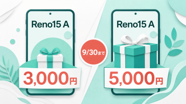 mineoのOPPO Reno15 Aで容量別に3,000円分と5,000円分の特典を比較するイラスト
