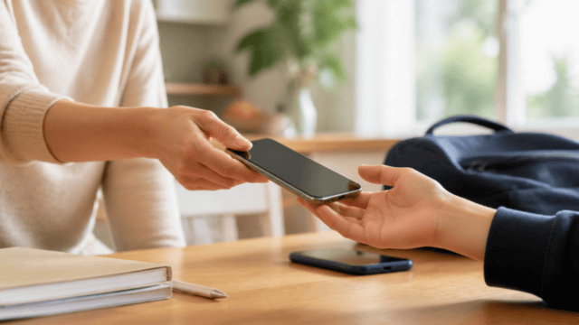 親から子へスマートフォンを手渡す家庭の利用イメージ