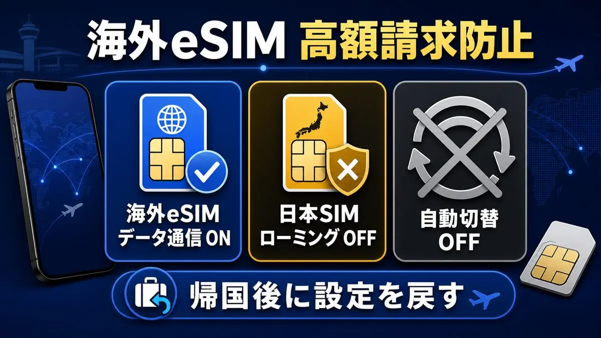 海外eSIMはデータ通信オン、日本SIMはローミングオフ、自動切替オフの高額請求防止チェック