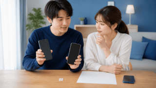 2台のスマートフォンとSIMカードで副回線の開通条件を確認する相談風景